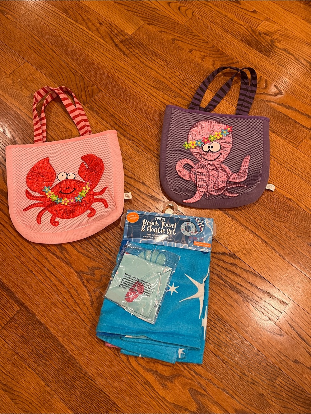 Kids Pink Crab Tote Bag, Purple Octopus tote and blue mermaid towel